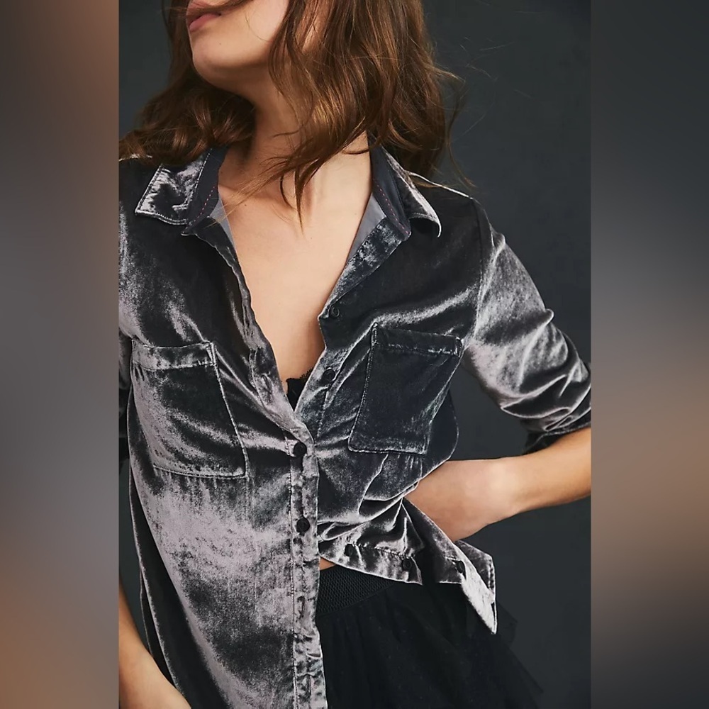 2x plus Anthropologie pilcro Hadley relaxed Velvet Button-Down Shirt slate gray